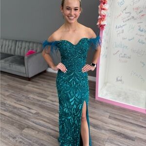 Primavera Couture Teal Off-Shoulder Prom Dress